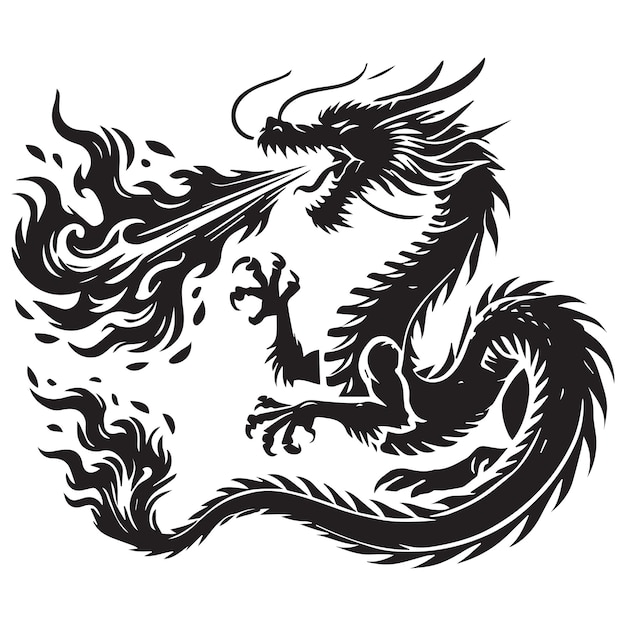 A dragon breathing a stream of fire vector illustration in black and white