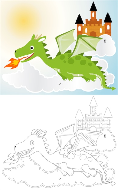 Vector dragon cartoon with a castle in the sky