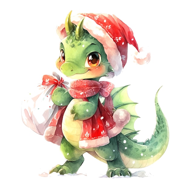 Dragon christmas hat watercolor in cartoon style on white background