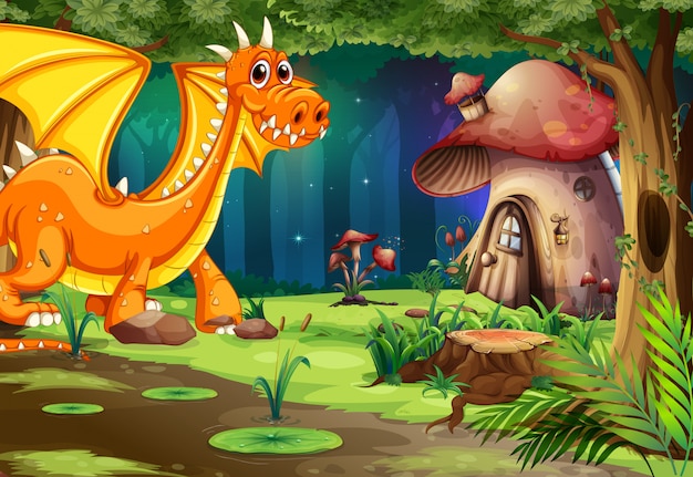 Dragon in Dark Forest and Mushroom House