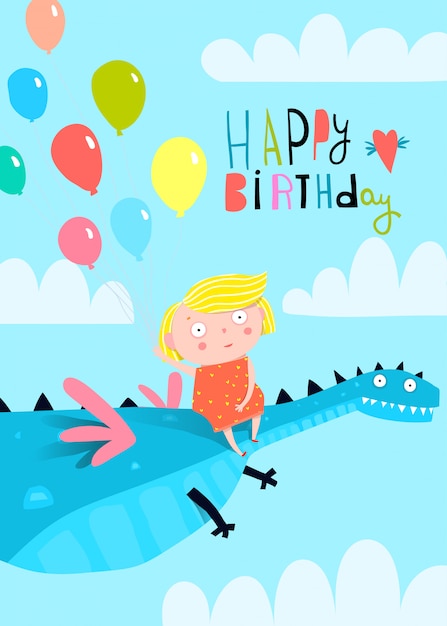 Dragon or Dinosaur Flying with Girl and Balloons.