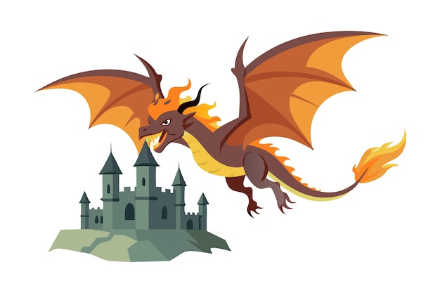 Vector dragon flying over a medieval castle