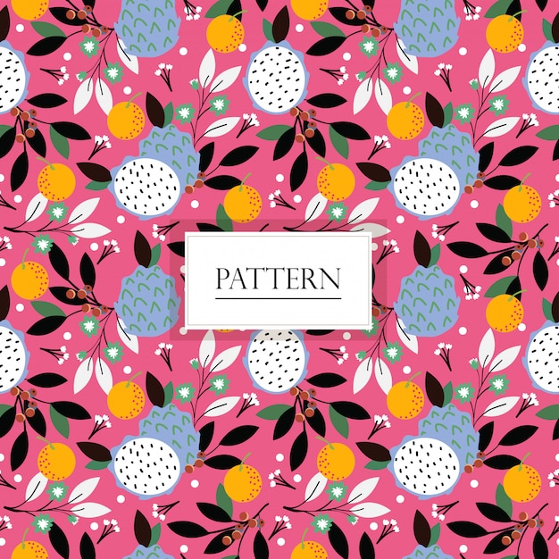 Dragon fruit, orange , blueberry and flower seamless pattern