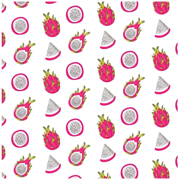 Dragon fruit on white background tropical exotic pink summer design pattern seamless print vector isolatrd on white