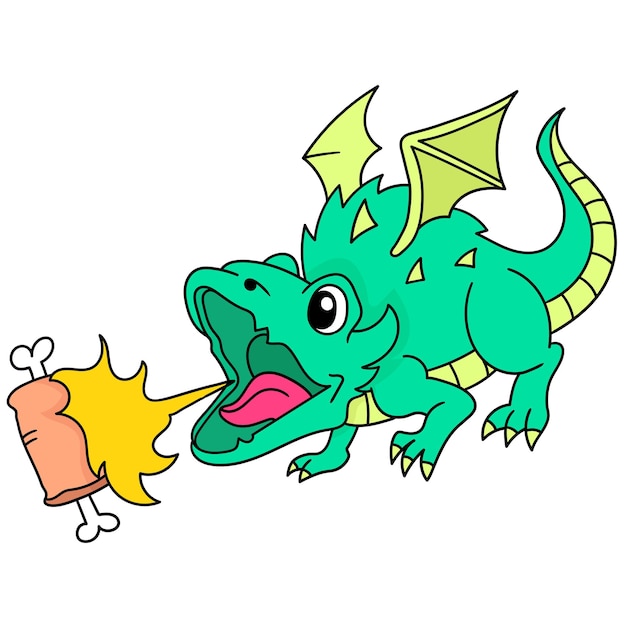 The dragon gave off hot flames to roast the meat, doodle draw kawaii. vector illustration art