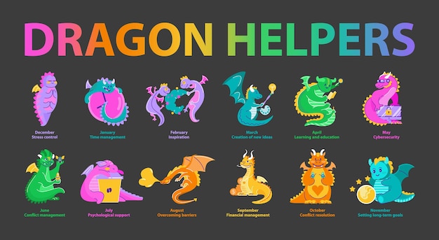 Dragon helpers collection colorful dragons represent monthly life skills from stress management to