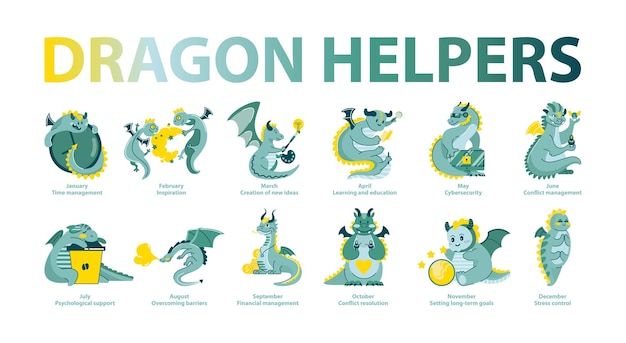 Dragon helpers set monthly themes featuring charismatic dragons aiding in tasks from time management