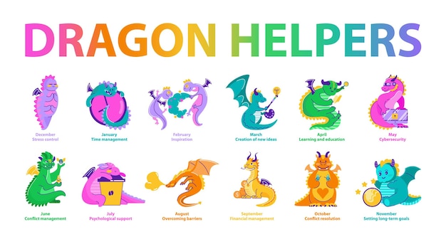 Dragon helpers set a vibrant collection of dragons showcasing a spectrum of monthly themes from