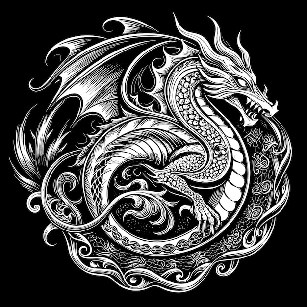 Vector dragon logo by style khokhloma white background vector illustration engraving