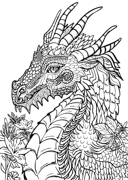 The Dragon vector hand drawing coloring page black and white on isolated white background