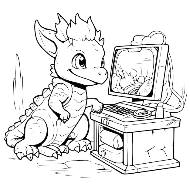 Vector dragon watching video on computer monitor coloring page drawing for kids