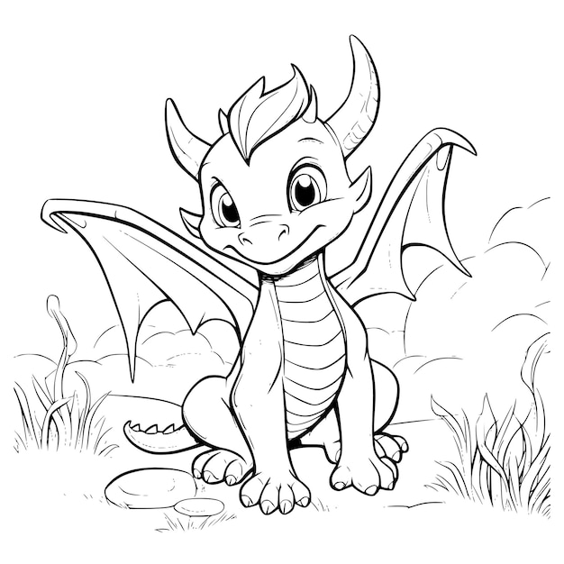 Vector dragon watching video on computer monitor coloring page drawing for kids