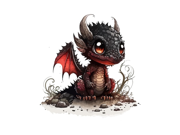 Dragon watercolor Cute baby black dragon Vector illustration in isolate white background