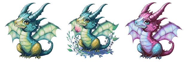 A dragon with blue wings sits on a flowery background.