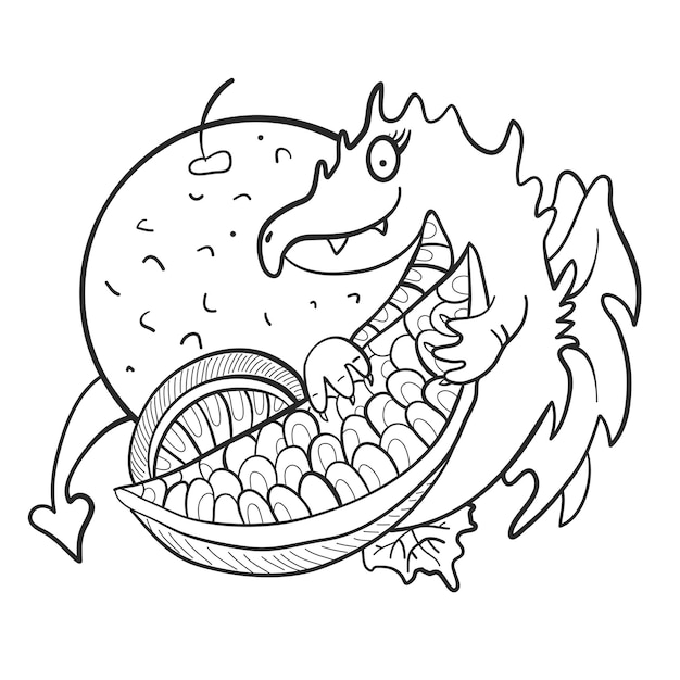 Dragon with citrus Orange lemon Coloring page Print Cheerful character Vector illustration