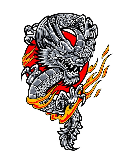 Dragon with fire flames in red circle. Japanese tattoo style vector art.