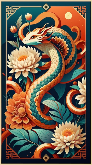 Vector a dragon with flowers and orange flowers on it