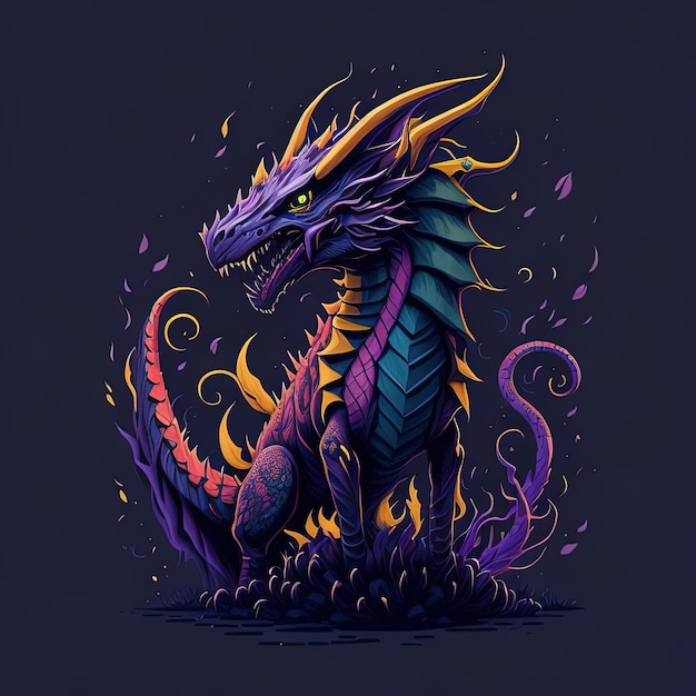 A dragon with purple and orange colors and the word " dragon " on it.