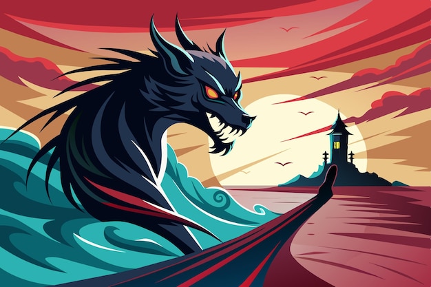 Vector a dragon with a red background and a red sky and a lighthouse in the background