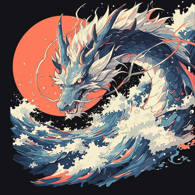 a dragon with a red full moon in the background