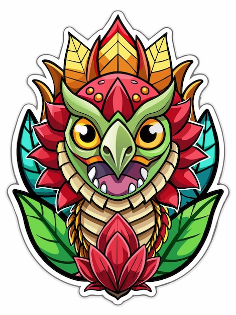 a dragon with a red head and green leaves on it