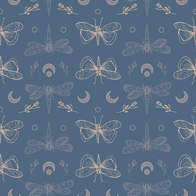 Dragonflies and moths. halloween magic seamless pattern