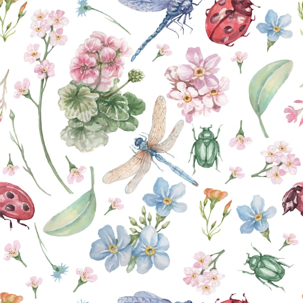 dragonfly beetle ladybug insects and flowers geranium and forgetmenots beautiful spring clipart