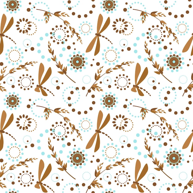 Dragonfly, branches, circles and dots. The background is white. For fabric, wallpaper, notebooks