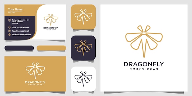 Dragonfly Logo design template line art style and business card design Vector Illustration