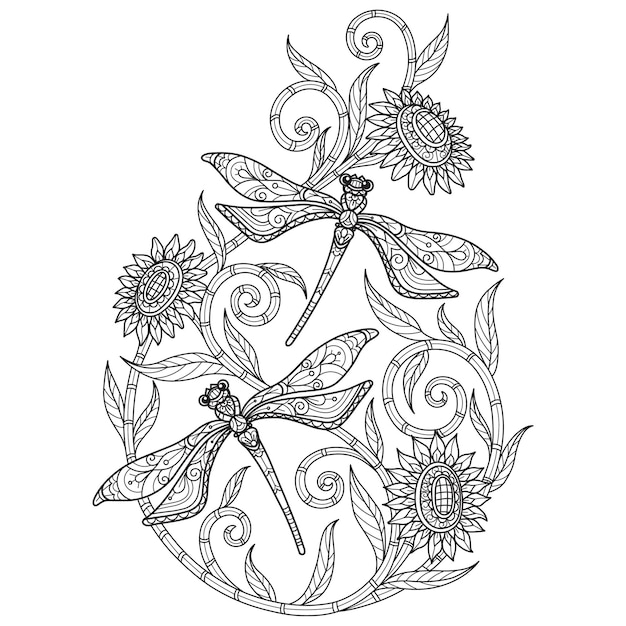 Dragonfly on white background Hand drawn sketch for adult colouring book