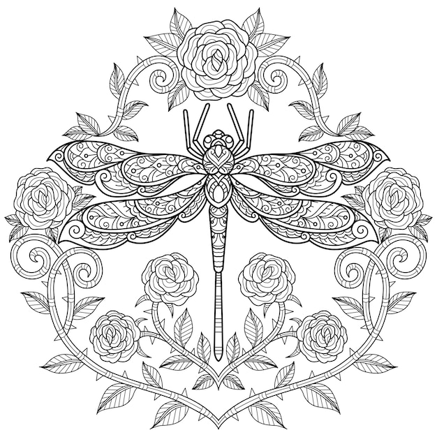 Dragonfly with rose heart. Hand drawn sketch illustration for adult coloring book