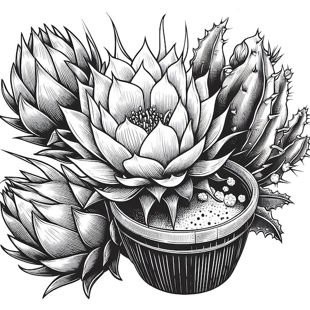 Vector dragonfruit flower cactus bloomed pitahaya bud lineart