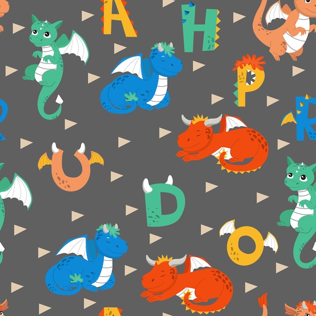 Dragons cartoon seamless pattern with ABC Fantasy character baby illustration on dark background