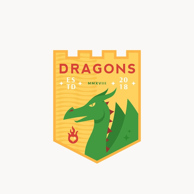 Dragons Medeival Sports Team Emblem Abstract Vector Sign Symbol or Logo Template Mythical Reptile in a Shield with Retro Typography