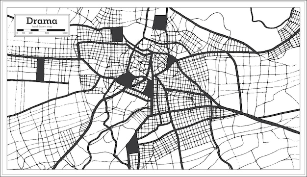 Drama Greece City Map in Black and White Color in Retro Style Outline Map