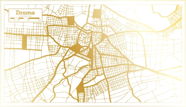 Drama Greece City Map in Retro Style in Golden Color Outline Map