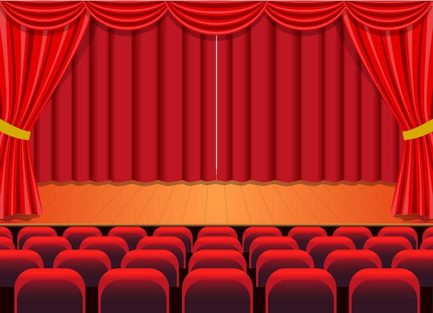 Drama theater stage with glamor red curtain and spectacle by vector design