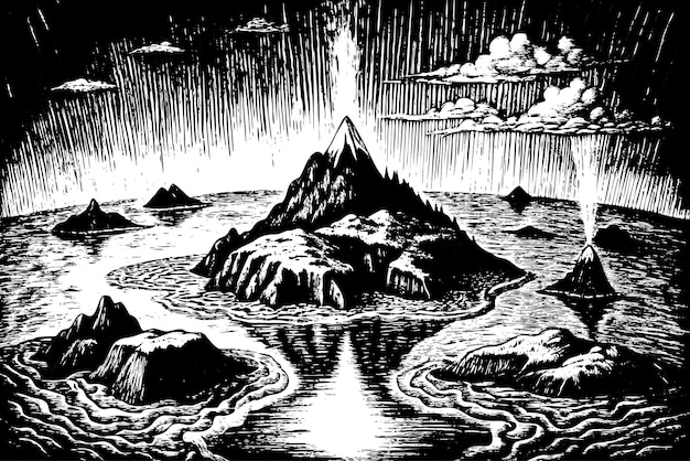 Vector dramatic black and white volcano island illustration on oceanic horizon