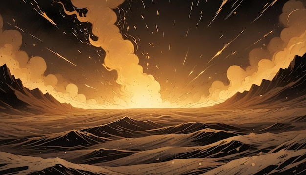 Dramatic illustration of a fiery explosion rising above a desolate desert landscape at night