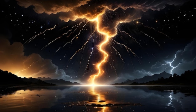 A dramatic landscape at night with a massive bolt of lightning striking a lake surrounded by mountains and a starry sky