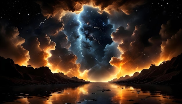 Vector dramatic night scene with a lake reflecting the fiery glow of the sky a powerful lightning bolt strikes down from the clouds against a backdrop of stars