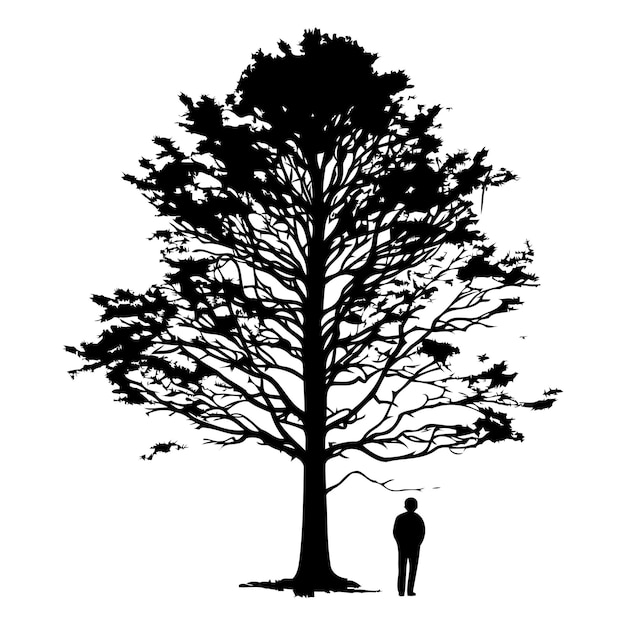 Vector a dramatic silhouette of a lone figure standing beneath a large spreading tree