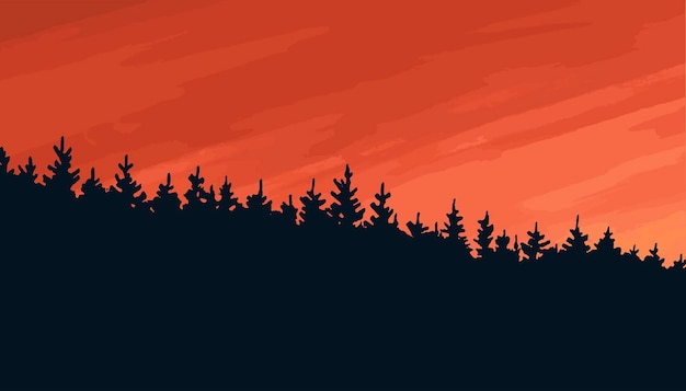 A dramatic sky with the glow of the sun Coniferous forest silhouette on a red background