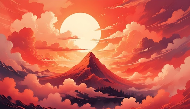 A dramatic sunset scene with a towering mountain piercing through a sea of fluffy orangehued clouds under a large bright sun