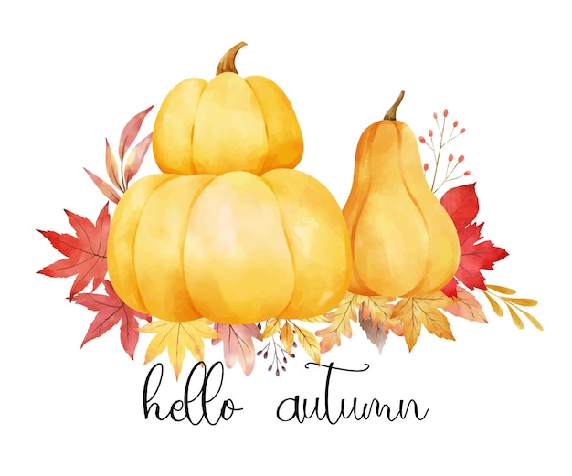 Draw autumn pumpkin arrangement with red leaves For Autumn Thanksgiving