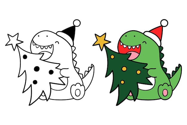 Draw baby dinosaur with christmas tree Printable cut file