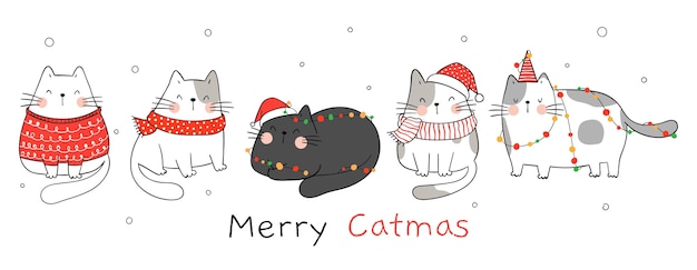 Draw banner cats with Christmas light.For winter and New year.