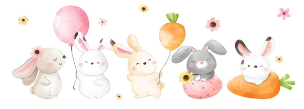 Draw banner cute bunny for Easter and spring Watercolor style