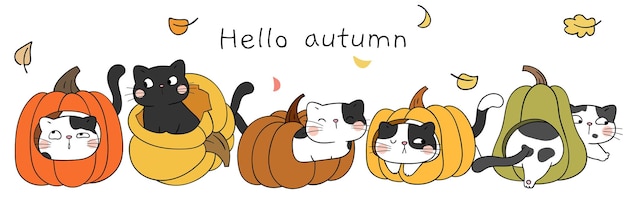 Draw banner cute cats in pumpkin For autumn Fall concept