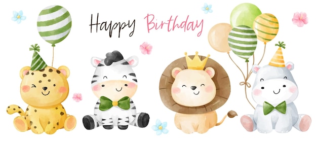 Draw banner cute safari animal for birthday concept